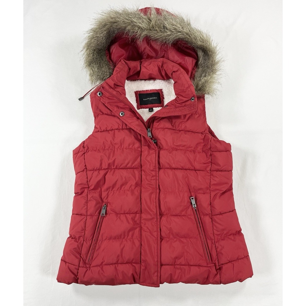 Banana Republic Puffer Vest Womens S Red Faux Fur Hood Fleece Lined Quilted